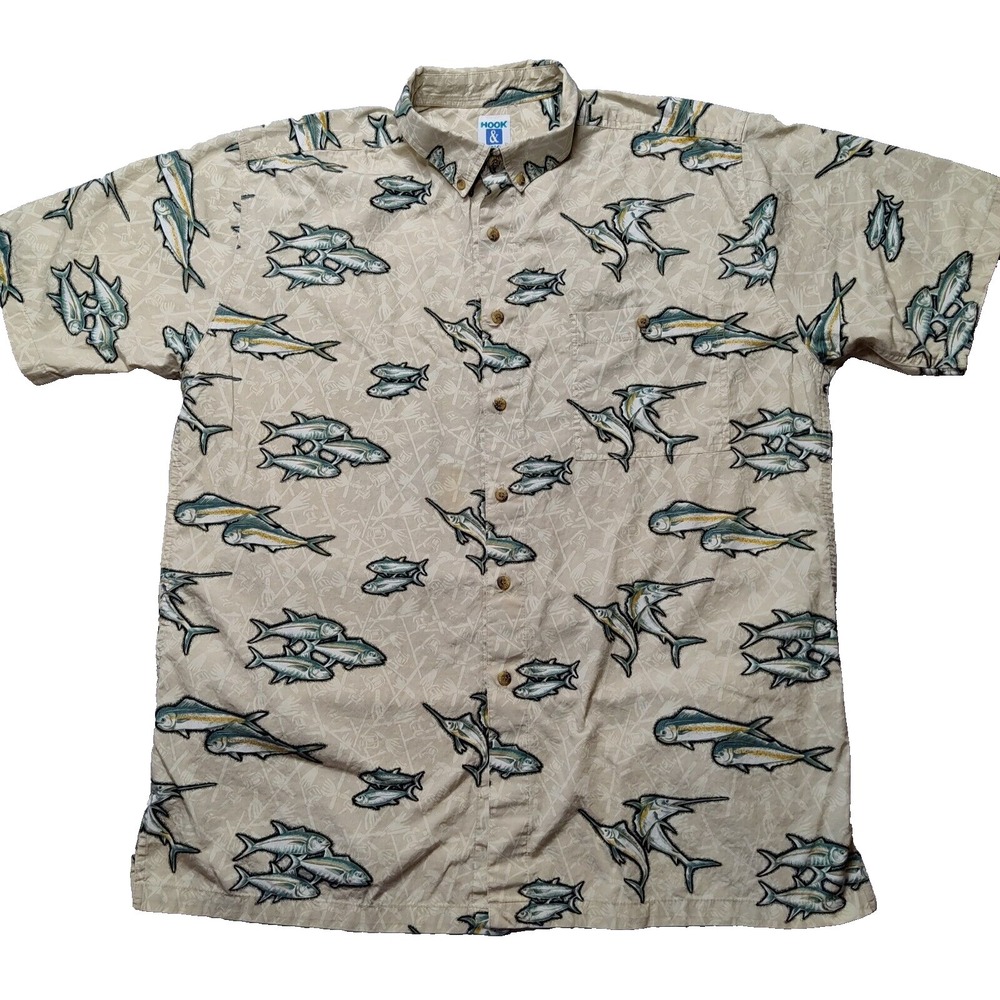 HOOK &‎ TACKLE Men Large Allover Fish Print Short Sleeve Button-Up Shirt READ
